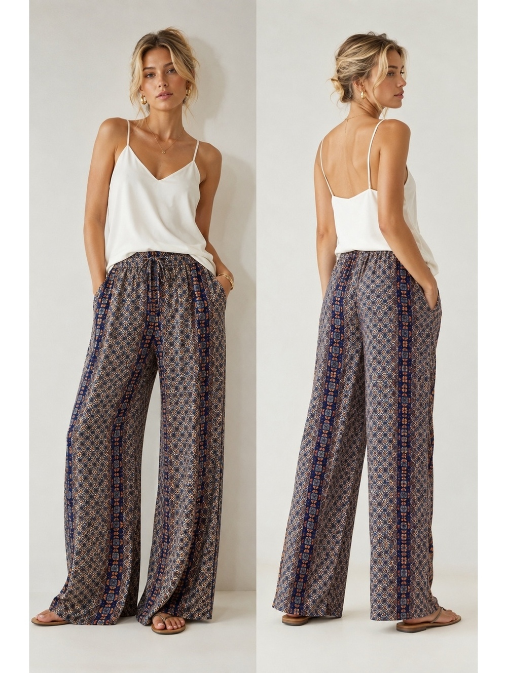 Solemio Boho Print Relaxed Wide Straight Leg Pants
